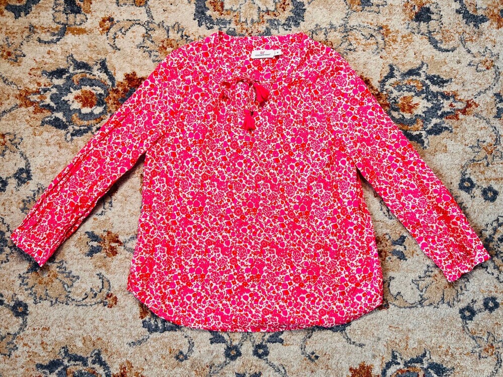 Vineyard Vines Floral Blouse Womens Size M White Red Pink Tassels Cotton